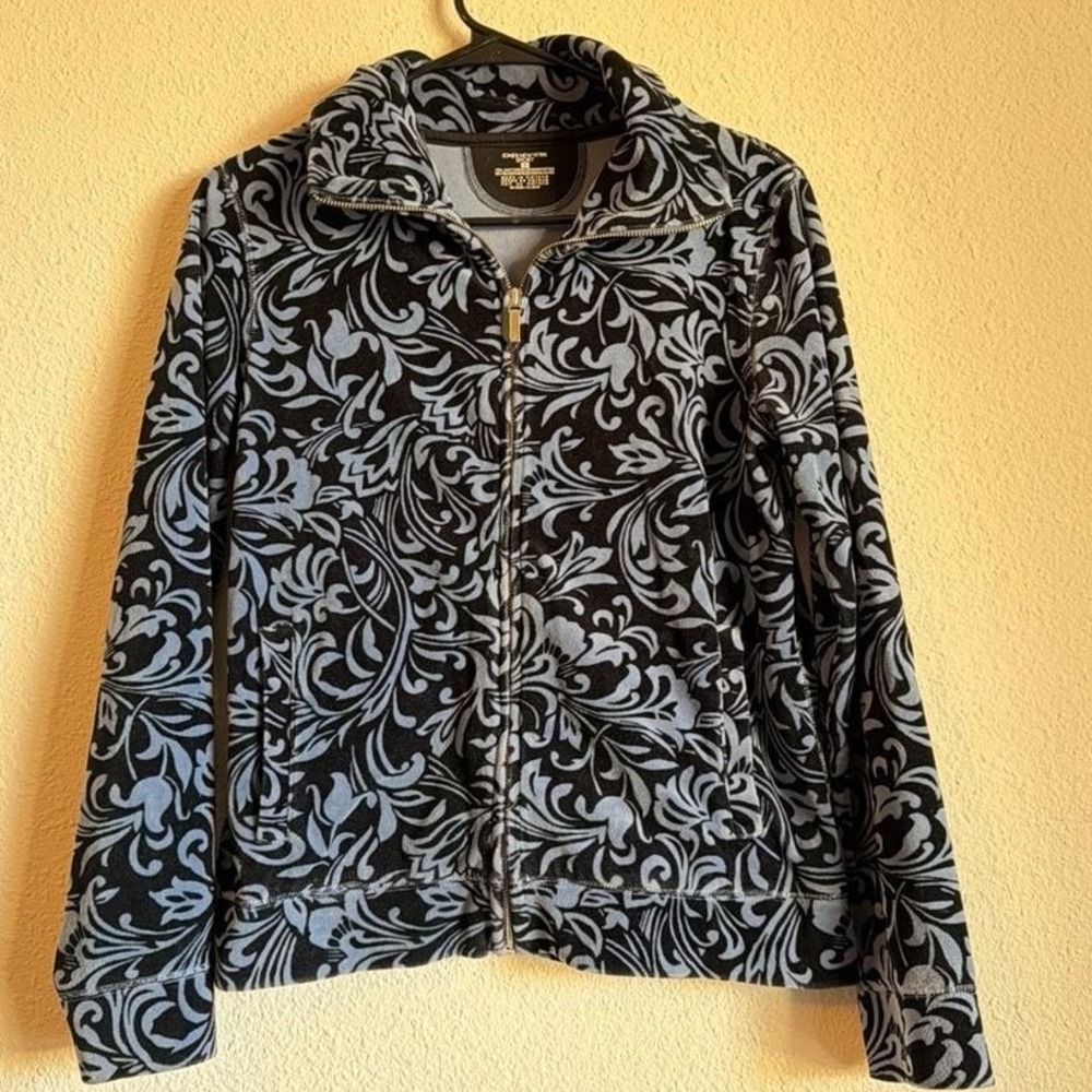 Jones New York Sport Blue Black Scroll Damask Zip Up Fleece‎ Jacket Womens Small